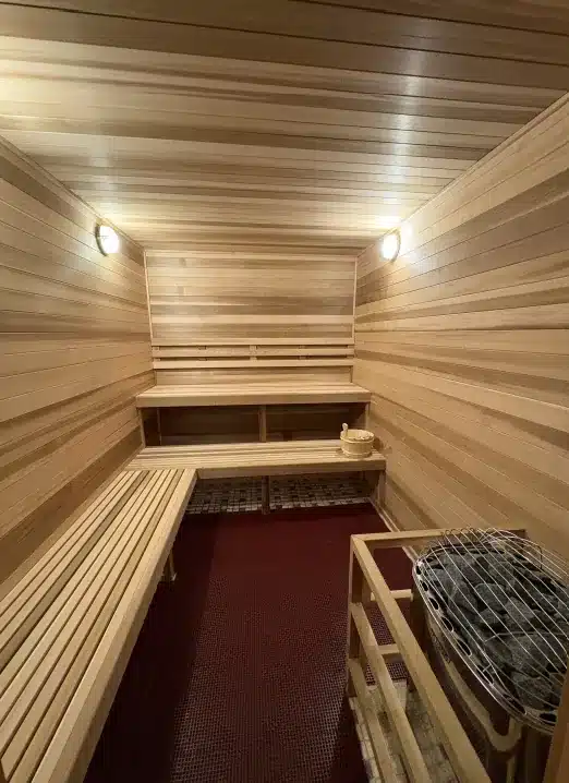 Completed Commonwealth Club sauna viewed through the interior doorway