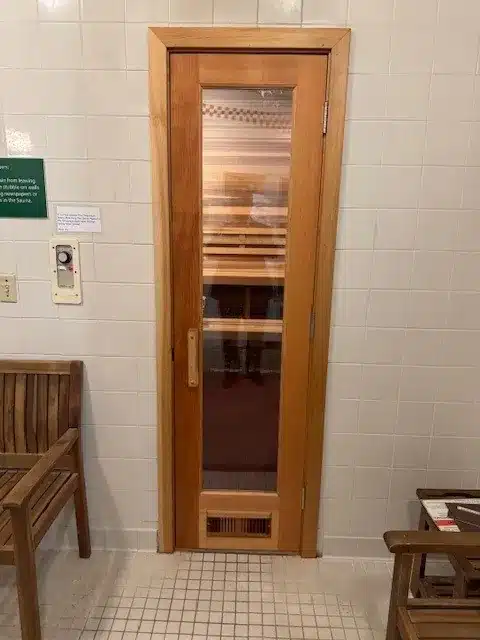 Finished sauna entrance within the Commonwealth Club locker room in Richmond