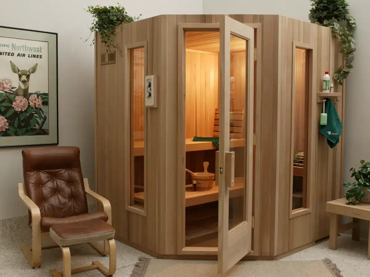 Five-sided Finlandia prefabricated sauna with a full-glass door and sidelight windows