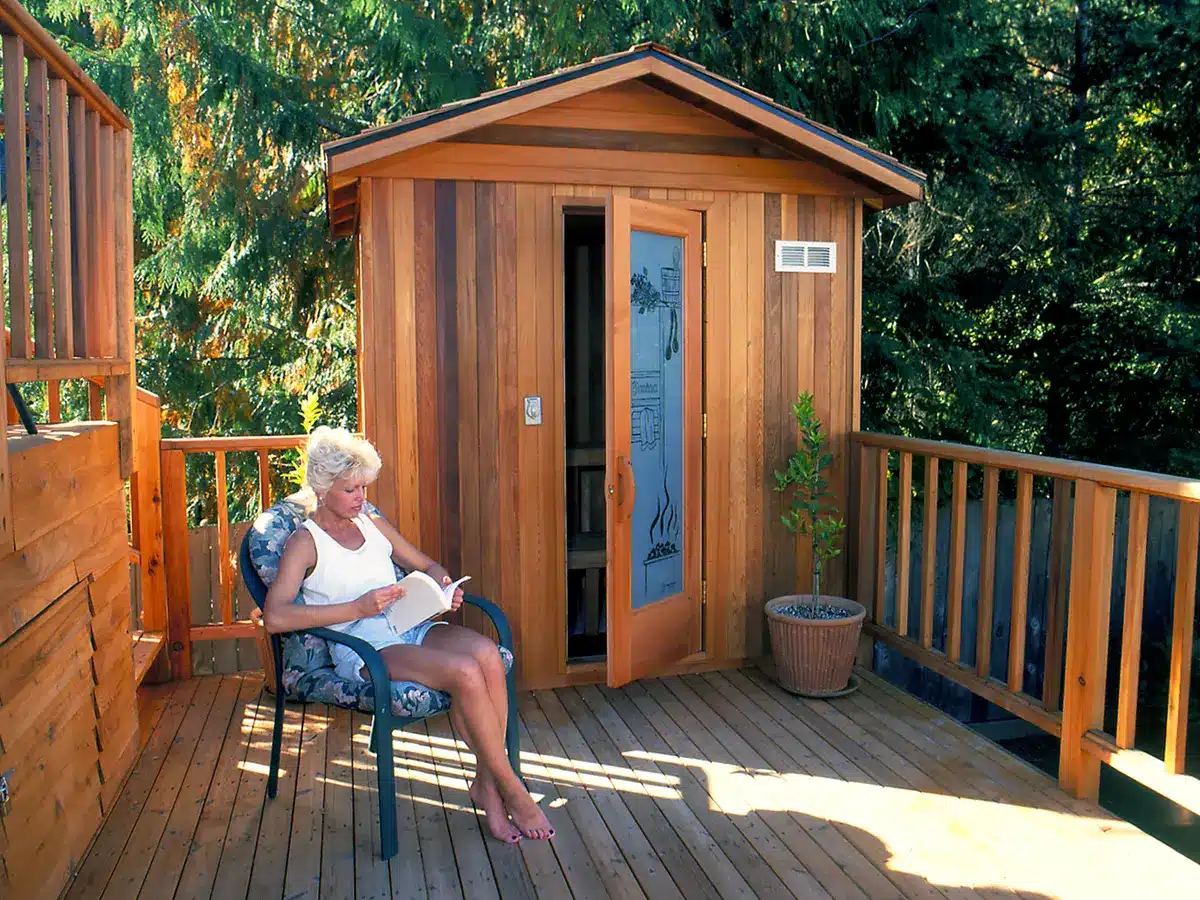 Finlandia outdoor prefabricated sauna installed on a wood deck