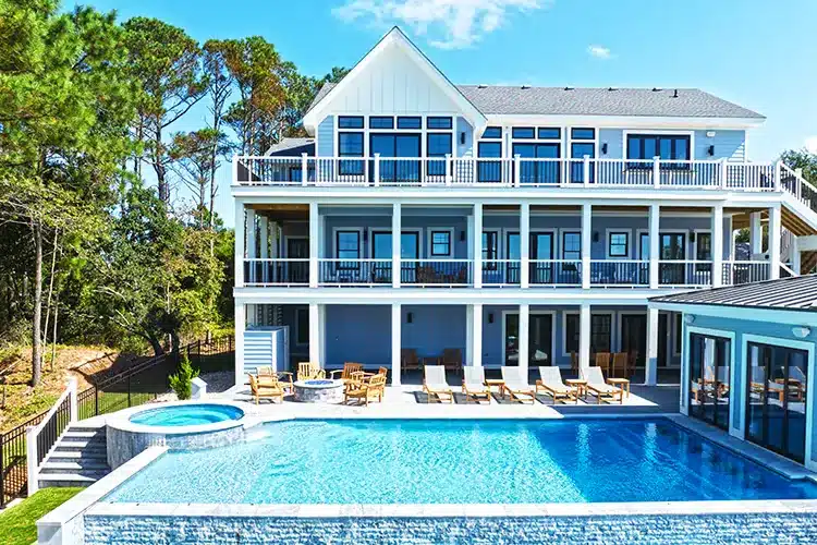 Exterior of the Corolla NC project home with pool and multi-level decks