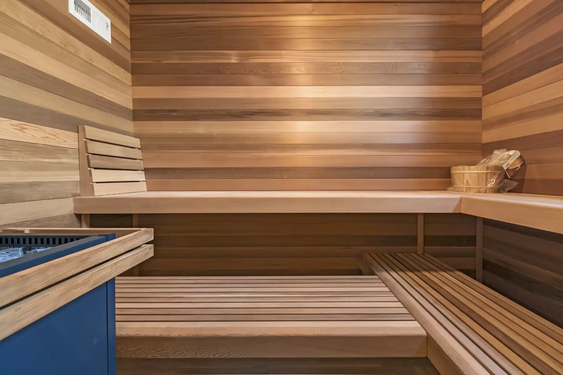Western Red Cedar custom home sauna in Corolla NC with traditional bench seating