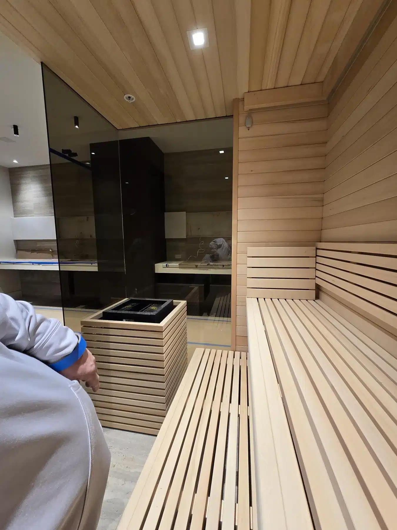 Alaska Yellow Cedar contemporary sauna interior in Owings Mills Maryland
