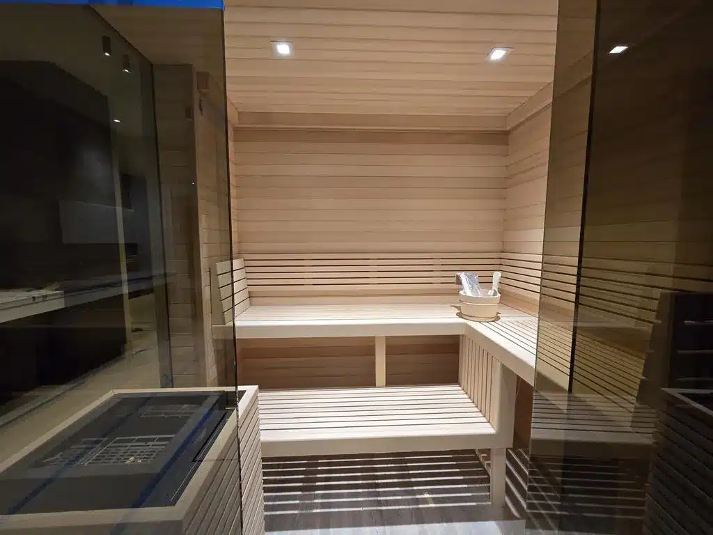 Three- to four-person contemporary sauna with tiered cedar benches