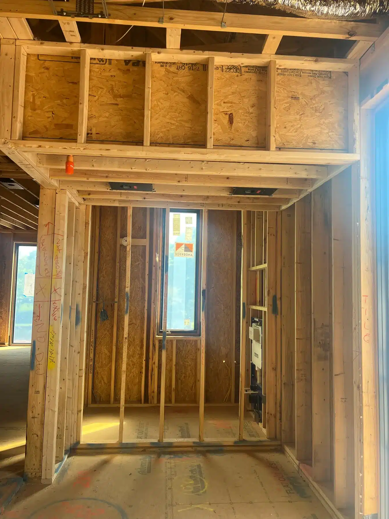Framing for the custom sauna within an Owings Mills primary bathroom